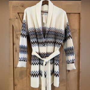 Evereve Mari Fair Isle Belted Knit Cardigan Sweater Cream Multi